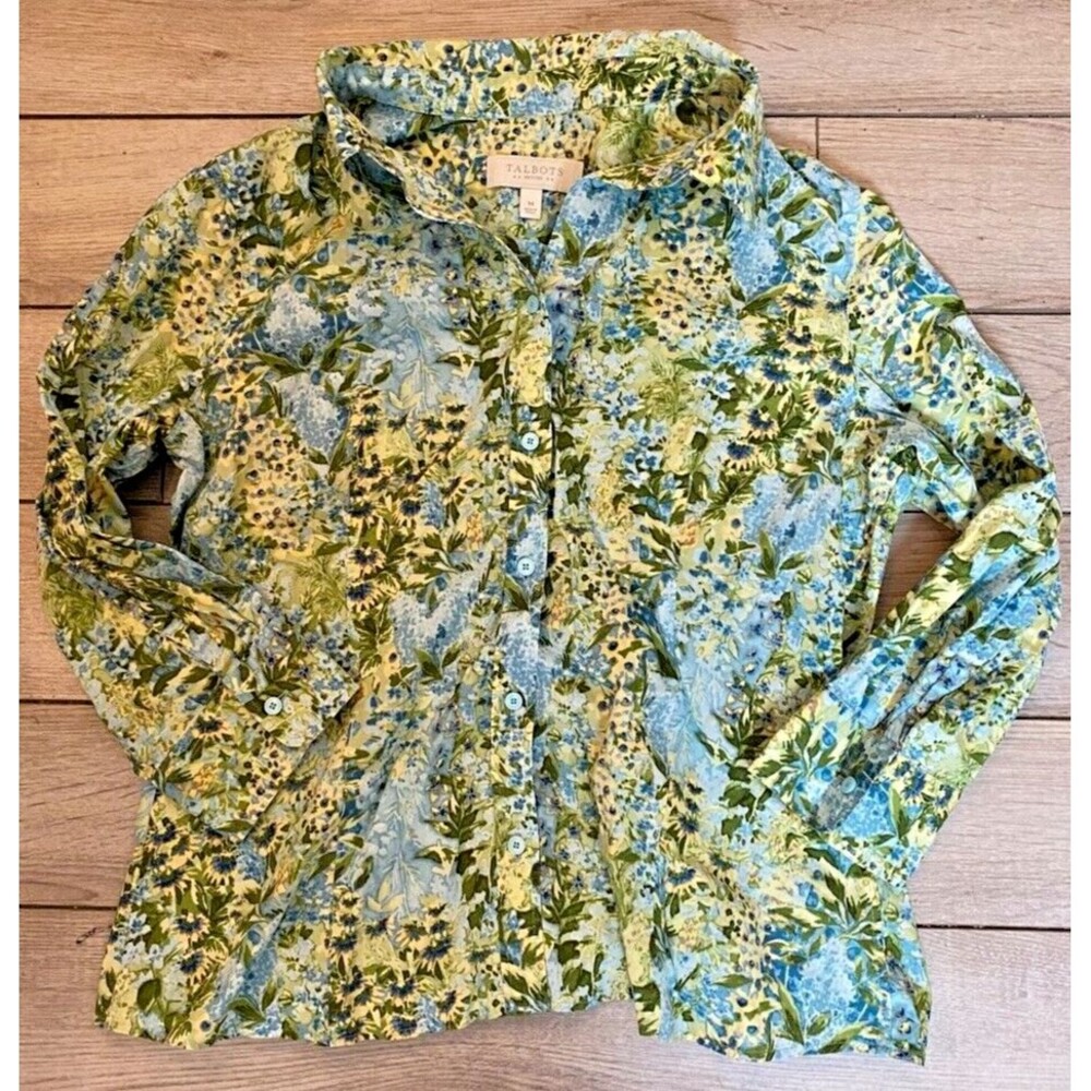 TALBOTS PETITE Womens Blue Green Floral Long Sleeve Button Down Shirt~ MED MP PM